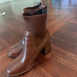 Brown Heeled Boots with Knit Collar and Block Heel